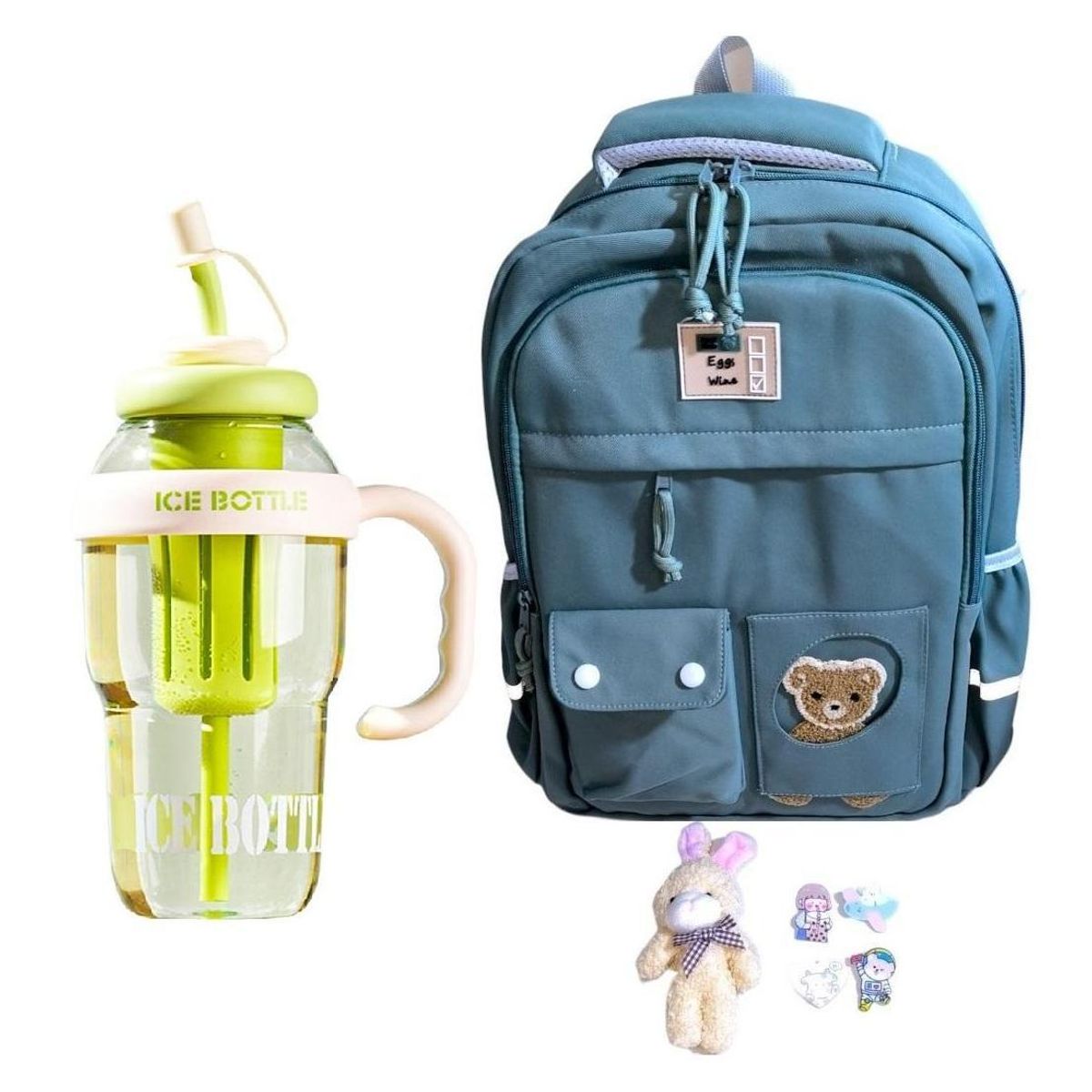 GENERICO - Mochila Kawaii porta laptop diseño Osito verde más botella tomatodo