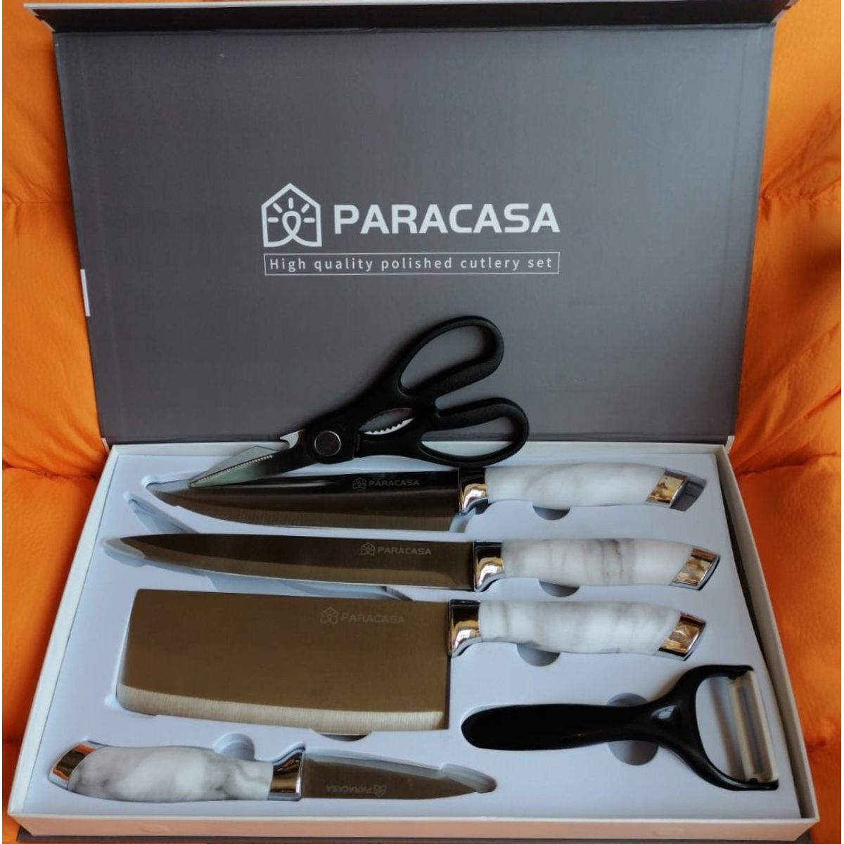 GENERICO - Juego de Cuchillos de Cocina, Tijera y Pelador Acero Inox. 6 Pzas