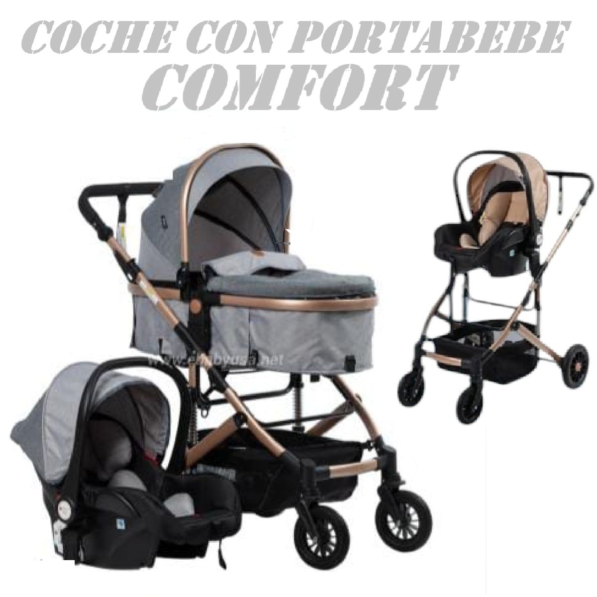 EBABY - Coche Moises Comfort 4 en 1 con porta bebe Amortiguacion -Gr
