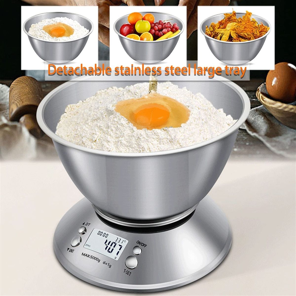 OEM - Balanza Gramera Cocina 5kg Acero Inoxidable Temporizador Termómetro