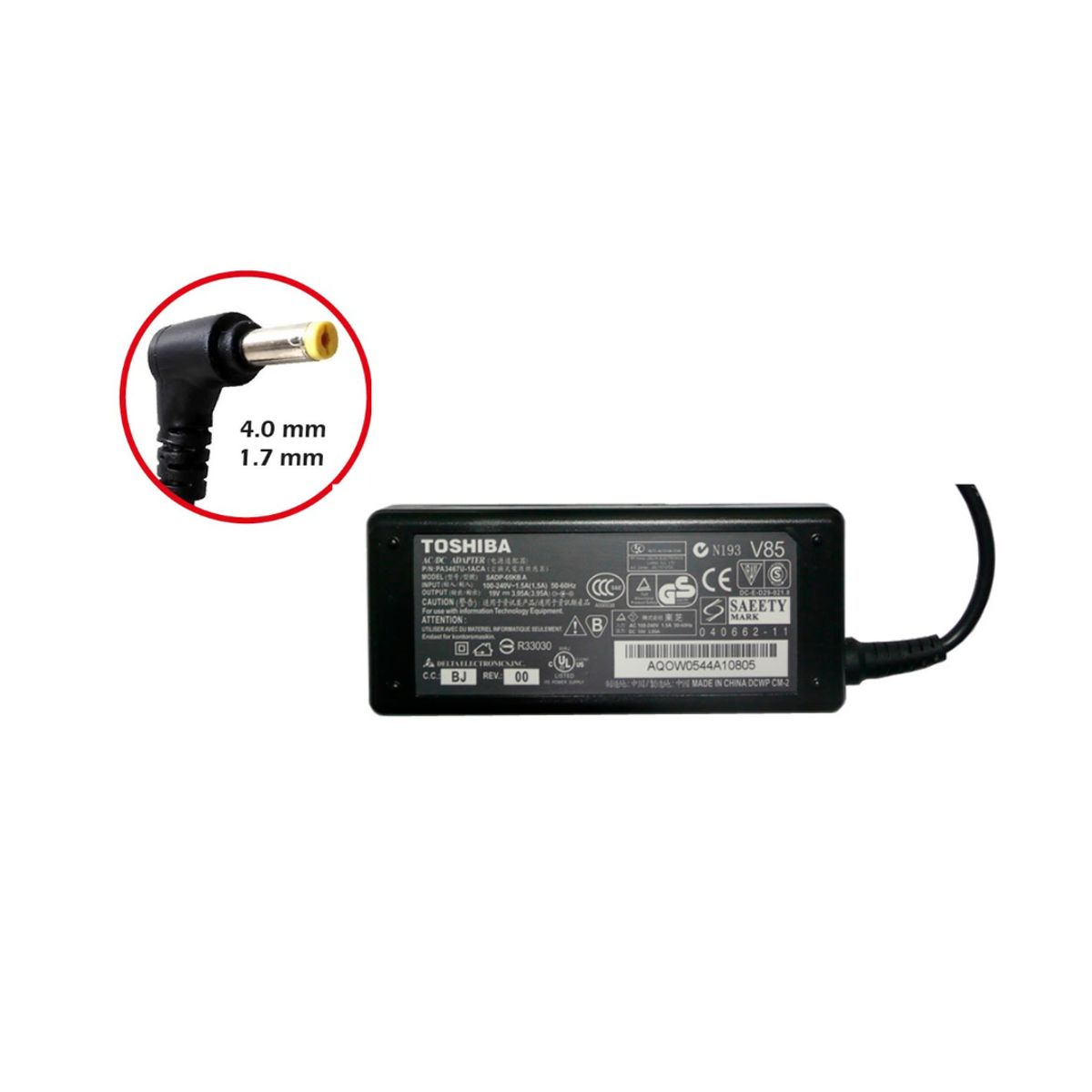 OEM - Cargador para Laptop Toshiba 19.5V. 3.42 A. 65W. 4.0x1.7mm. Punta Fino