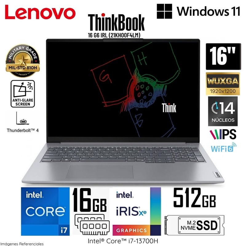 LENOVO - Laptop Lenovo ThinkBook 16 G6 IRL Intel CoreI7-13700H 16GB RAM 512GB SSD 16"  WUXGA 21KH00F4LM