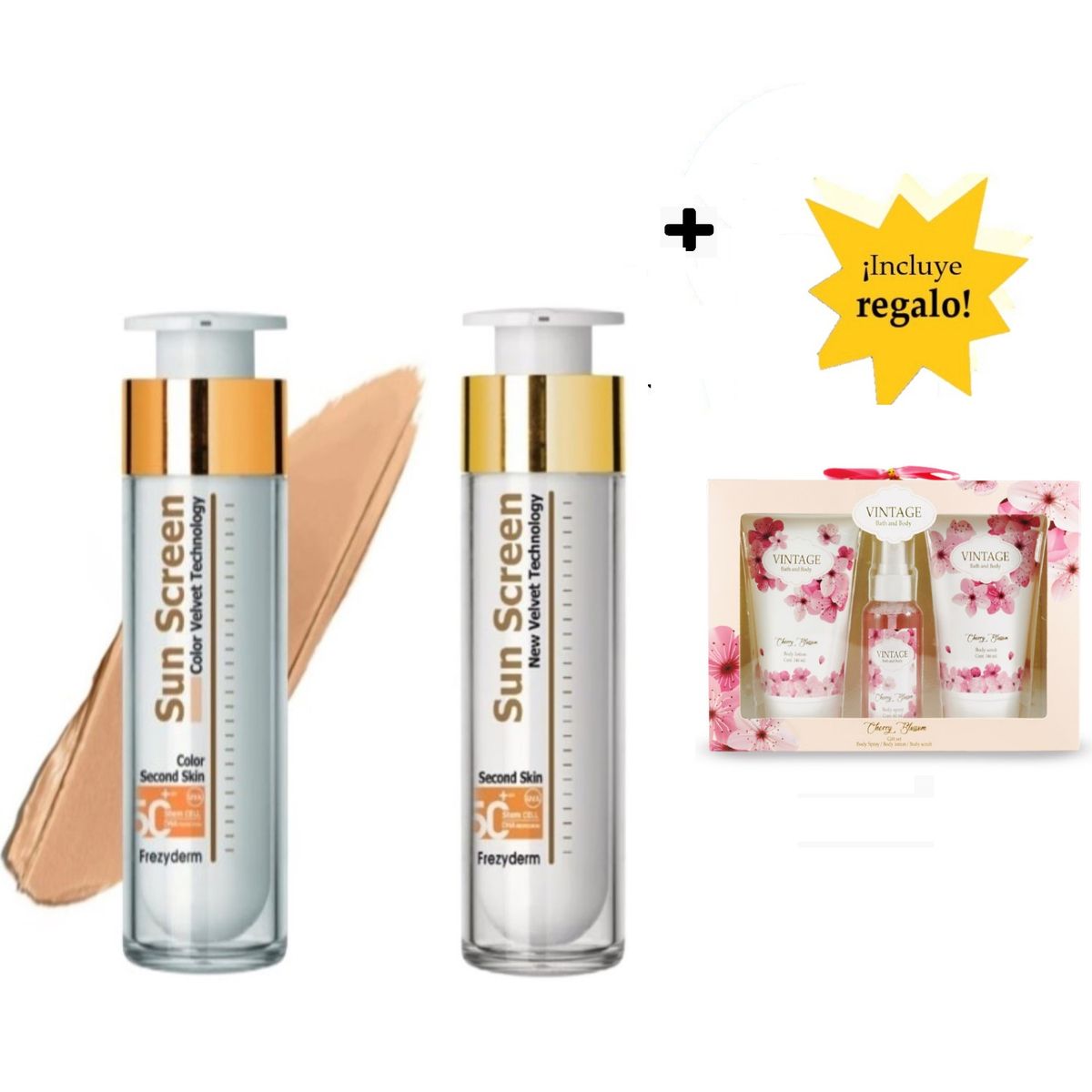 FREZYDERM - Pack x2 Frezyderm Fotoprotector Sun Screen SPF50 50ml Con y Sin Color Más Scrub Fragancia Corporal