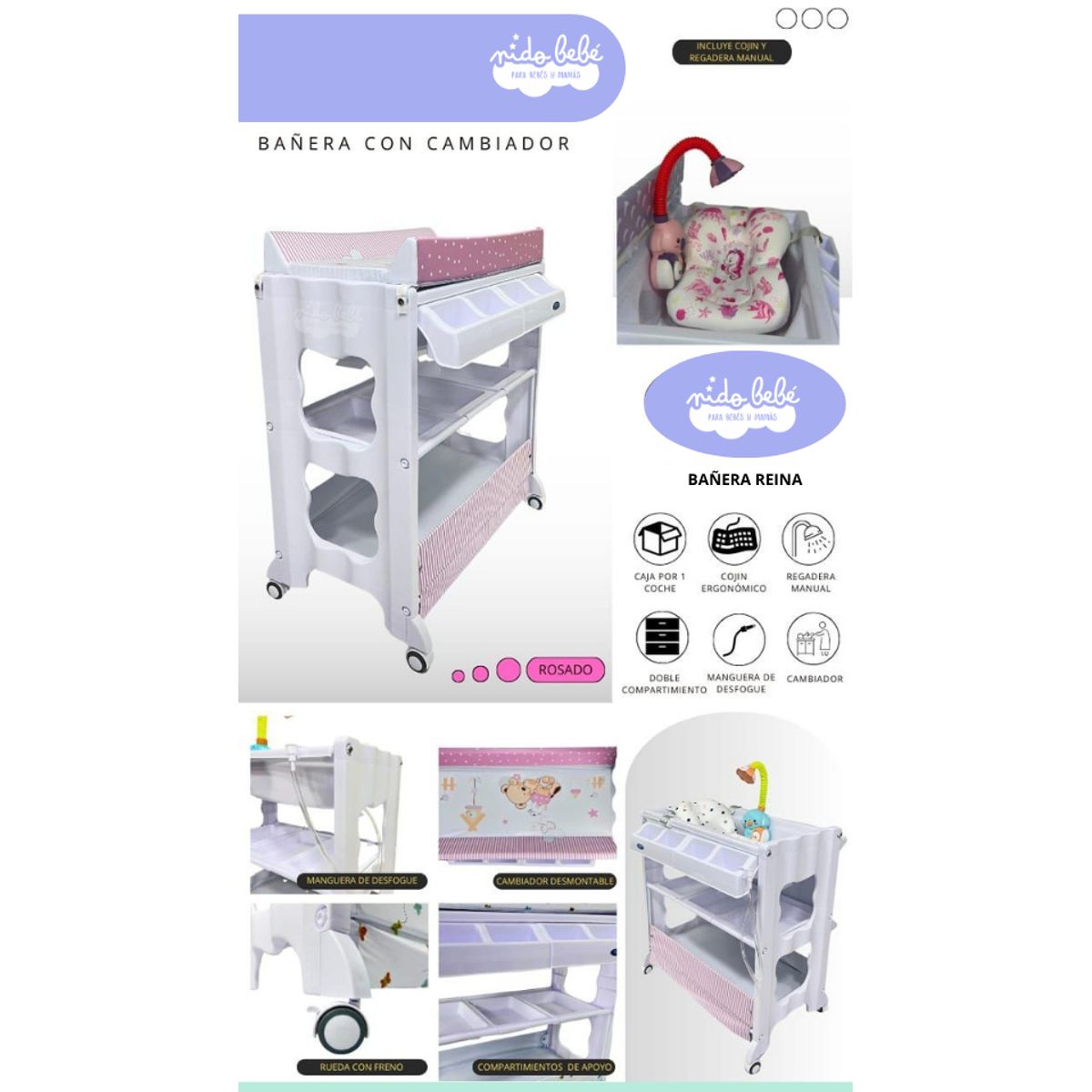GENERICO - Bañera con Cambiador de Bebé Modelo Reina rosado