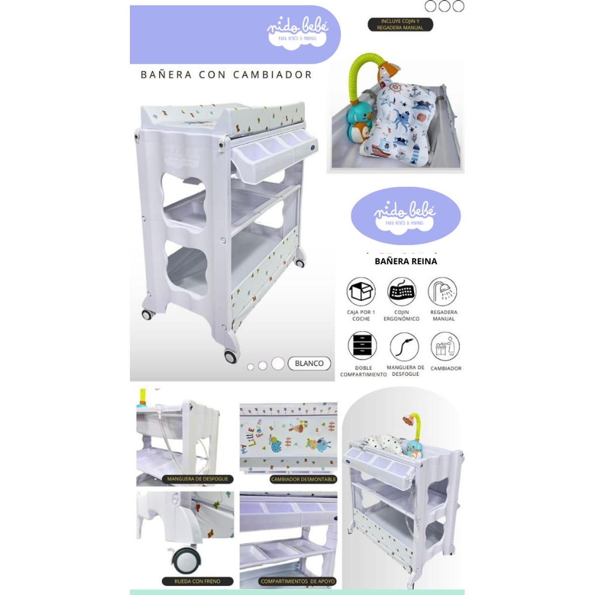GENERICO - Bañera con Cambiador de Bebé Modelo Reina blanco