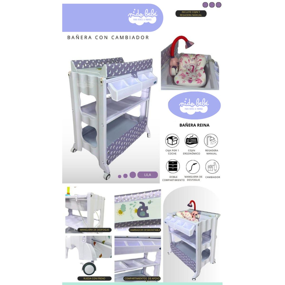 GENERICO - Bañera con Cambiador de Bebé Modelo Reina lila