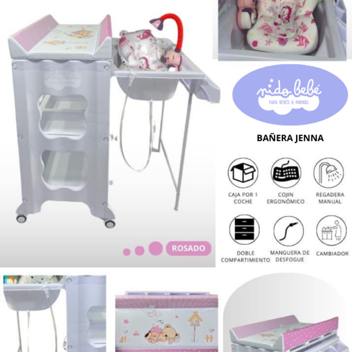 GENERICO - Bañera con Cambiador de Bebé Modelo Jenna ROSADA