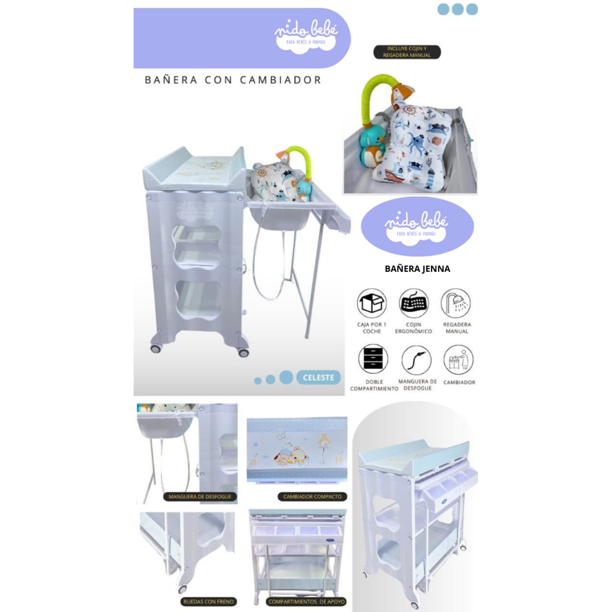 GENERICO - Bañera con Cambiador de Bebé Modelo Jenna CELESTE