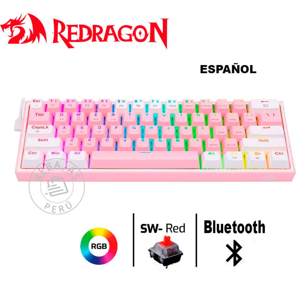 REDRAGON - Redragon FIZZ PRO K616 RGB Teclado Mecánico 60% WirelessRosa Blanco