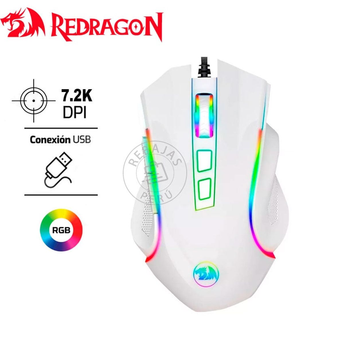 REDRAGON - Redragon GRIFFIN WHITE M607W  Mouse Gamer RGB 7,200 DPI, Precisión