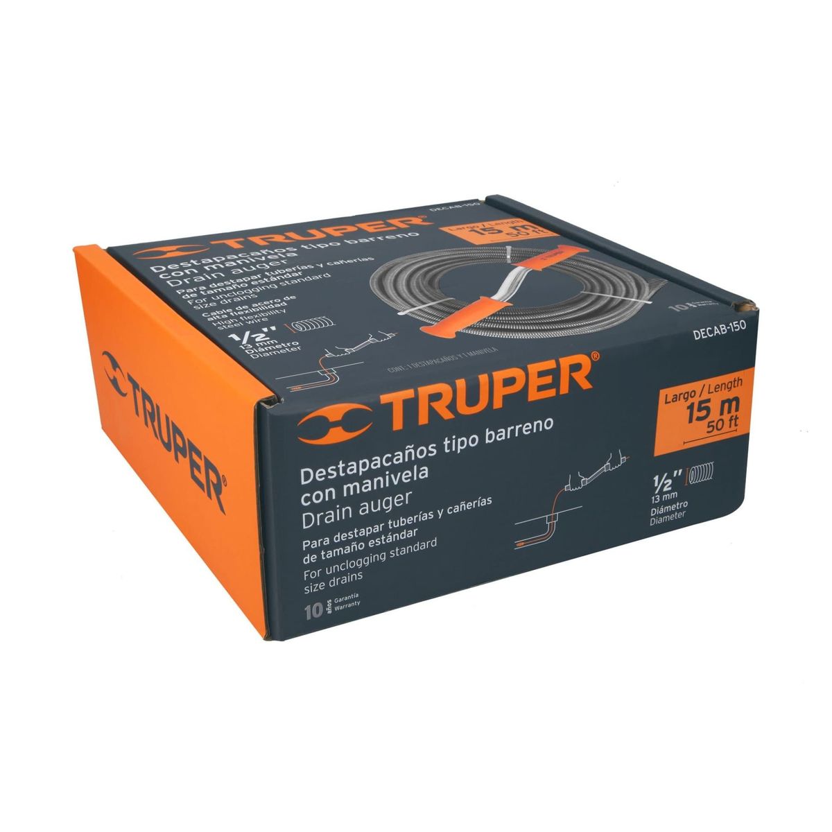 TRUPER - Desatorador de drenaje y tuberías de 15 m tipo barreno con manivela