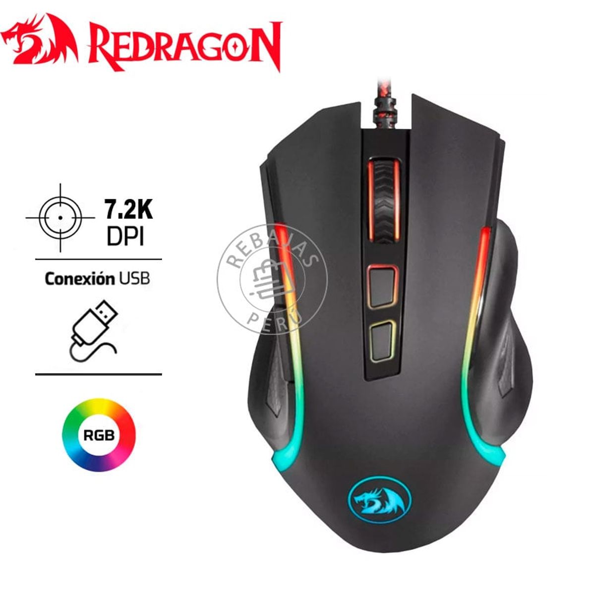 Redragon GRIFFIN M607  Mouse Gamer RGB 7,200 DPI con Pesas Ajustables, marca REDRAGON - Foto Principal