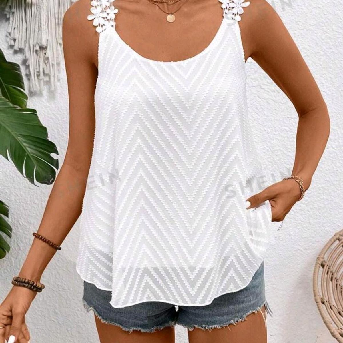 GENERICO - SHEIN Camiseta de gasa y encaje entrelazado con patrón floral