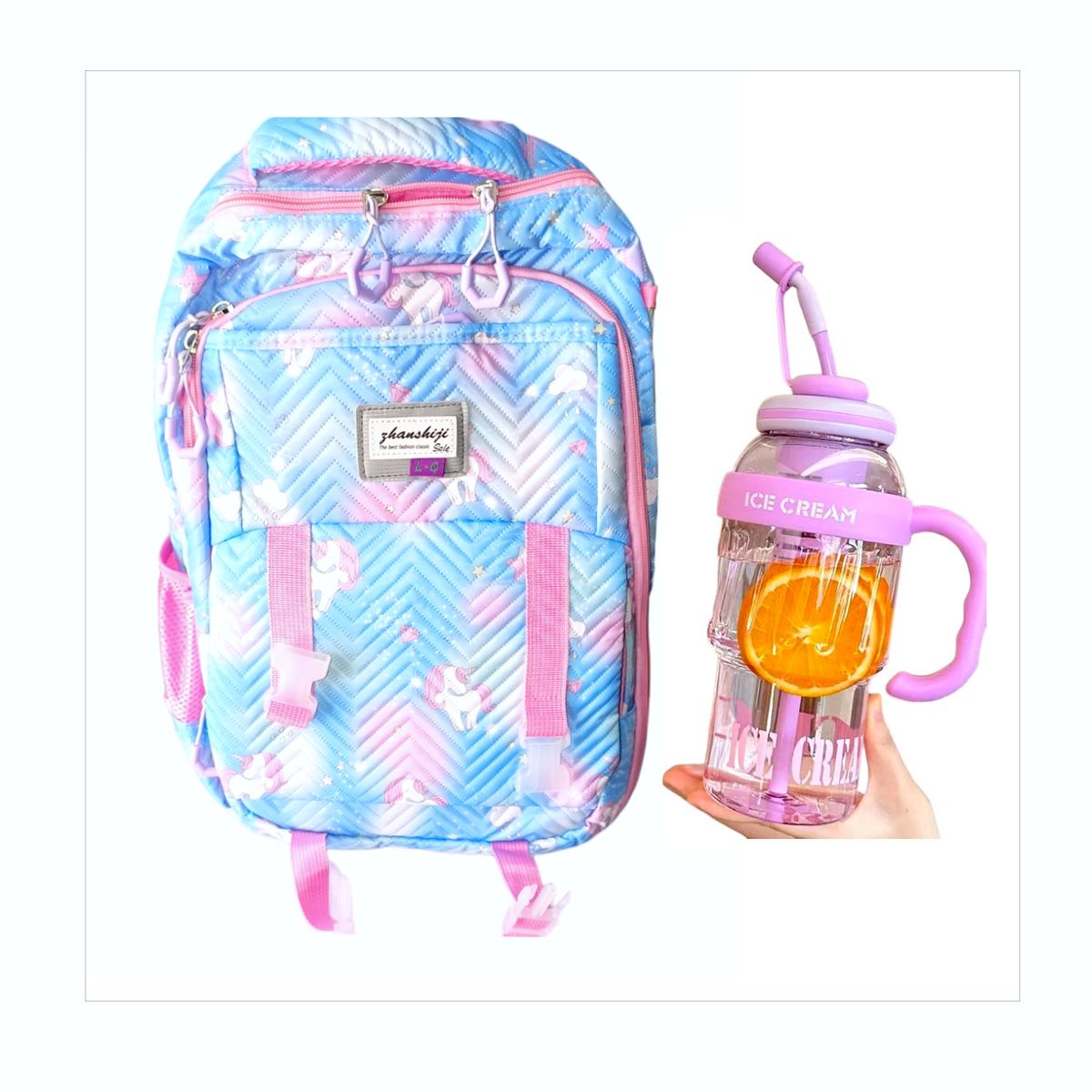 GENERICO - Mochila Kawaii diseño Unicornio tipo libro más botella tomatodo