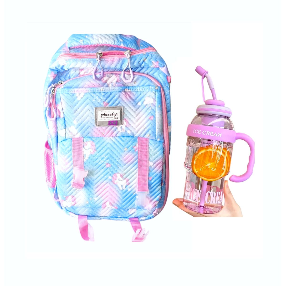 GENERICO - Mochila Kawaii diseño Unicornio tipo libro más botella tomatodo