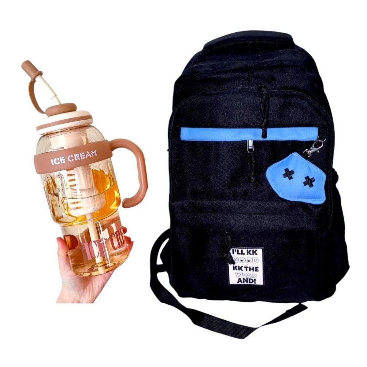 GENERICO - Mochila Kawaii porta laptop negro con llavero y pines más botella