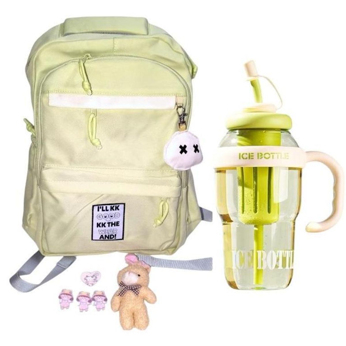 GENERICO - Mochila Kawaii porta laptop verde con llavero y pines más botella