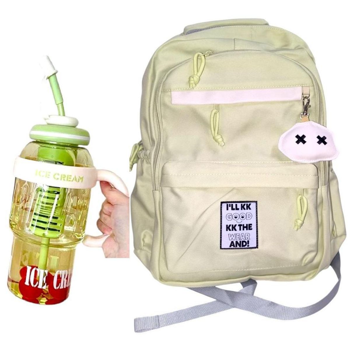GENERICO - Mochila Kawaii porta laptop verde con llavero y pines más botella