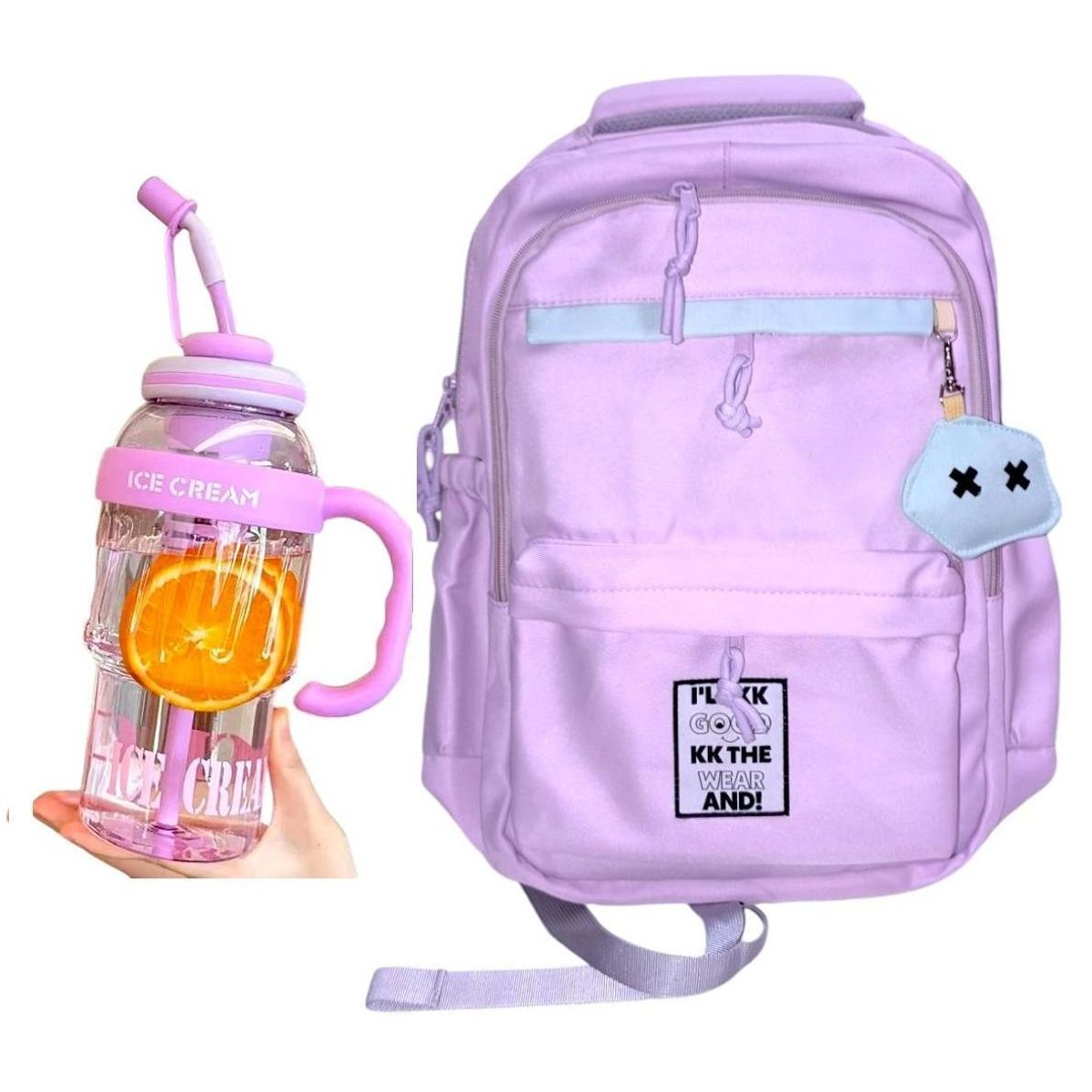 GENERICO - Mochila Kawaii porta laptop lila con llavero y pines más botella