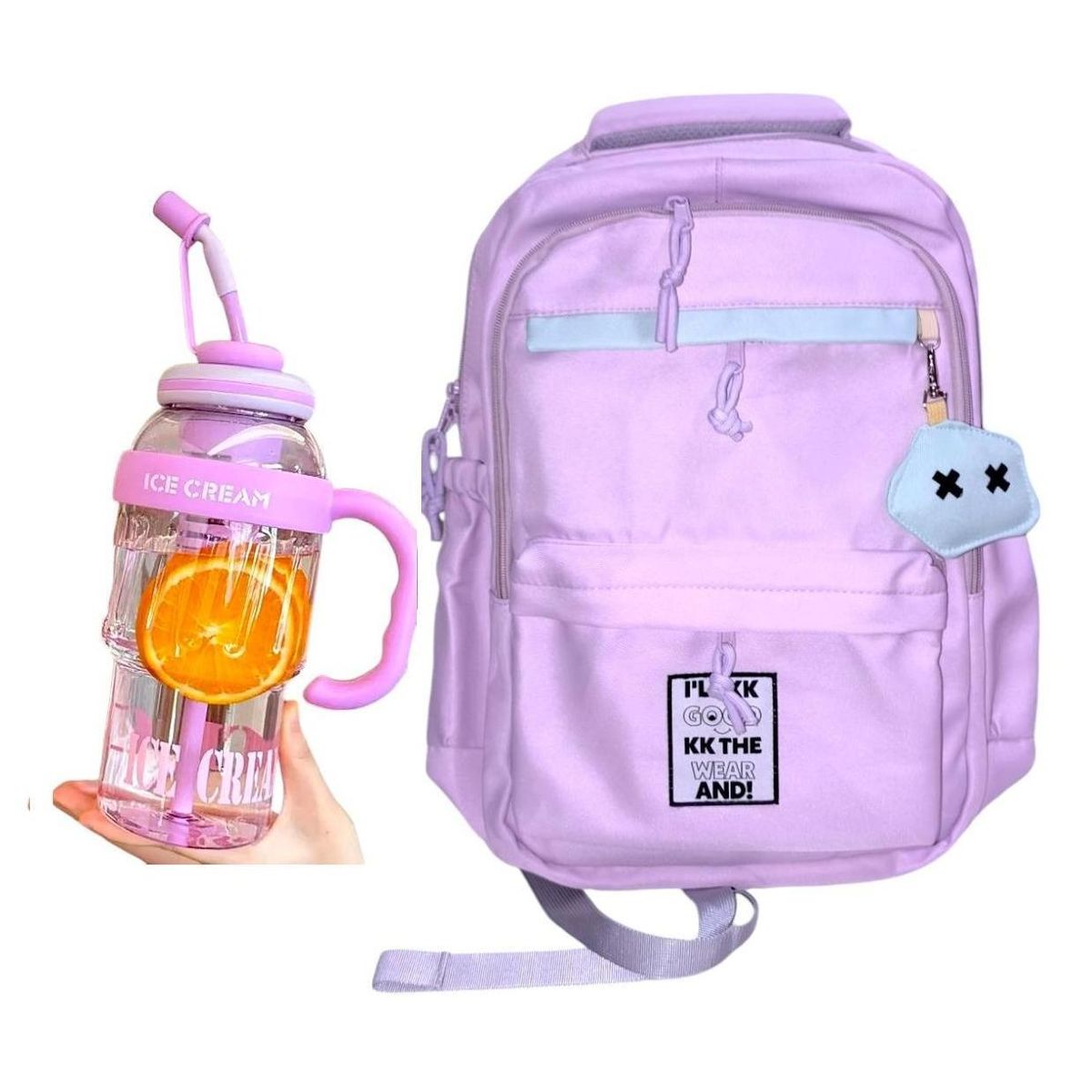 GENERICO - Mochila Kawaii porta laptop lila con llavero y pines más botella