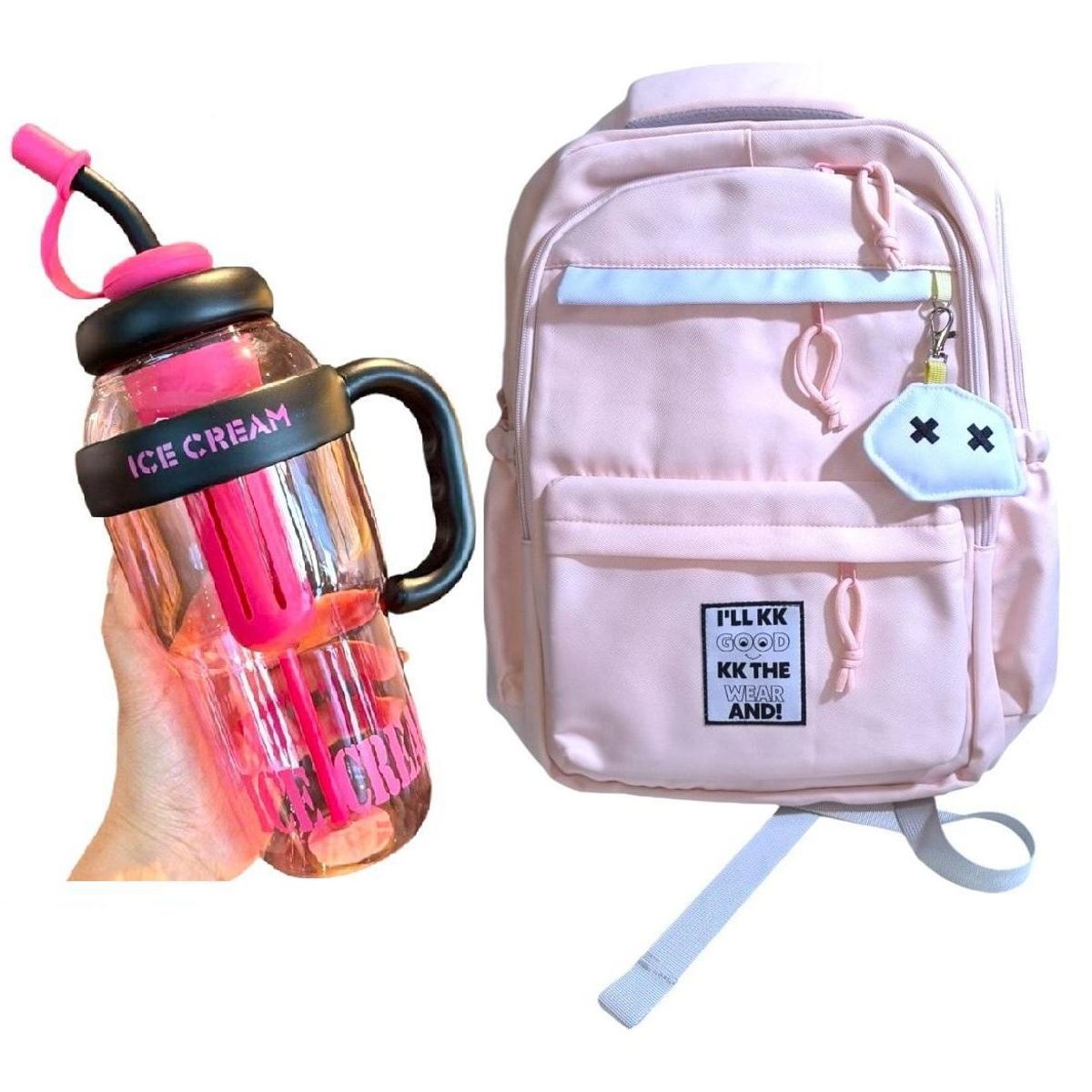 GENERICO - Mochila Kawaii porta laptop coral con llavero y pines más botellas