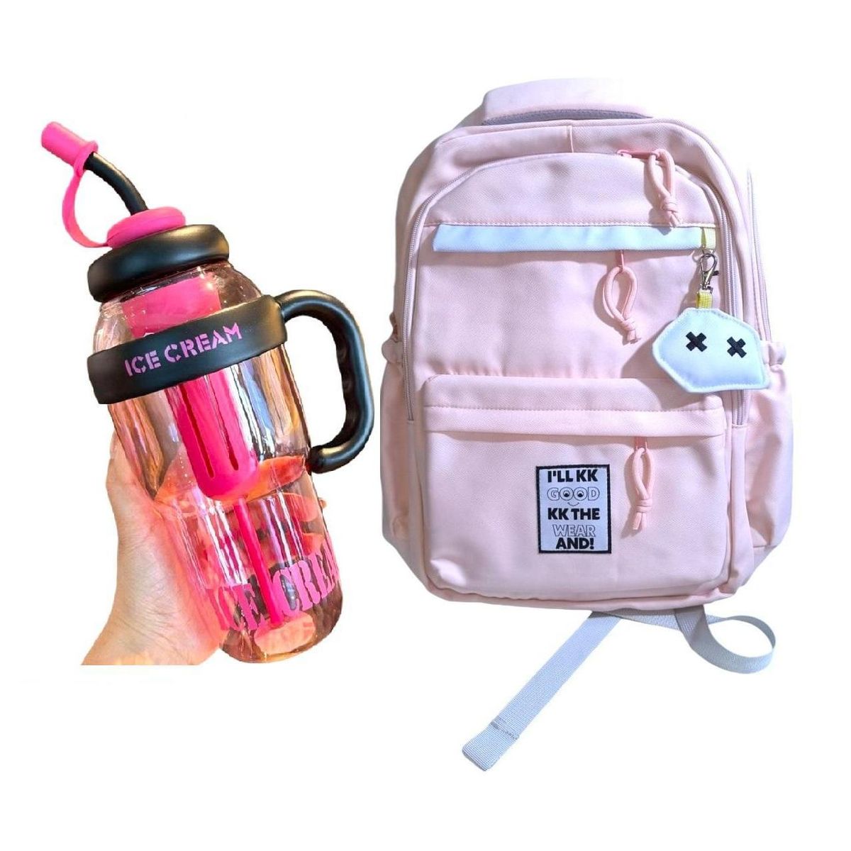 GENERICO - Mochila Kawaii porta laptop coral con llavero y pines más botellas