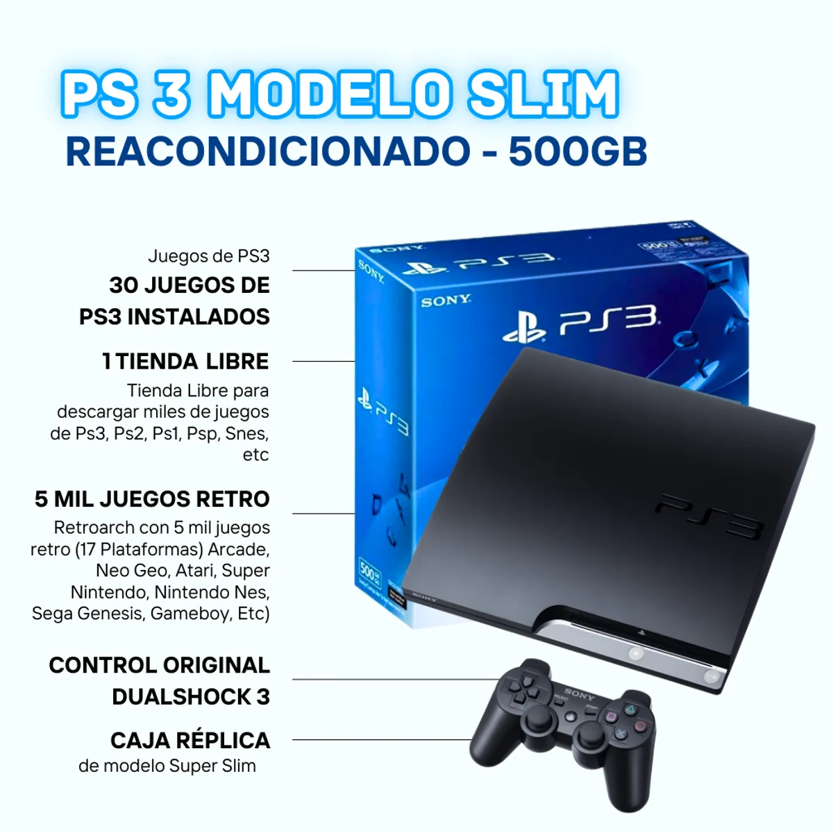 SONY - PlayStation 3 / Ps3 Slim Reacondicionado 500GB + Juegos de PS3 y Retro