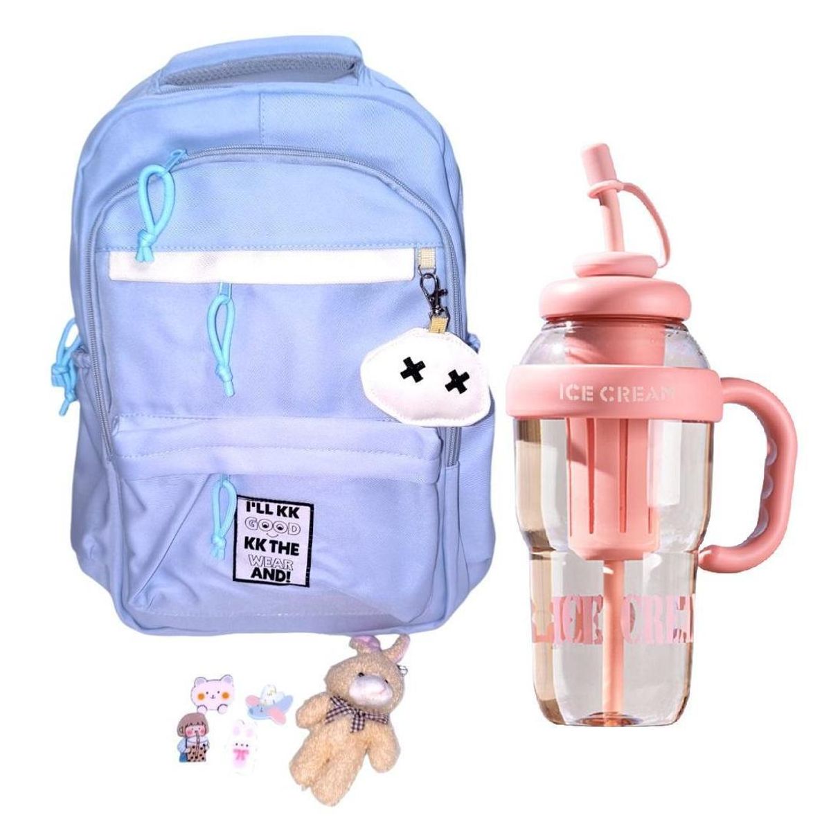 GENERICO - Mochila Kawaii porta laptop celeste con llavero y pines más botella