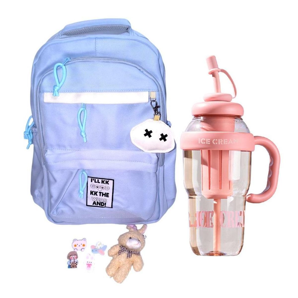 GENERICO - Mochila Kawaii porta laptop celeste con llavero y pines más botella