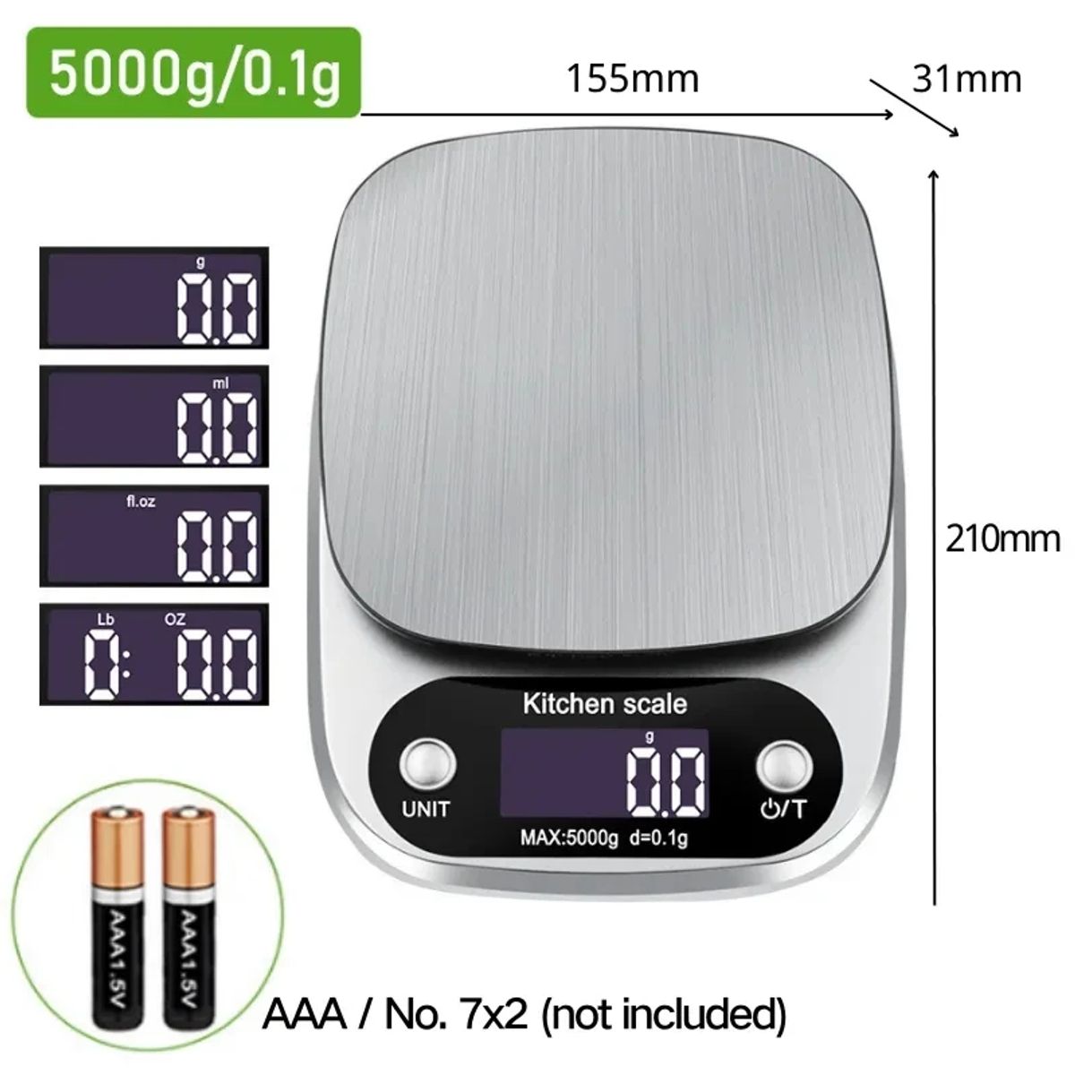 Balanza Gramera Cocina Digital 5kg con Plataforma de Acero Inoxidable, marca OEM - Foto 2