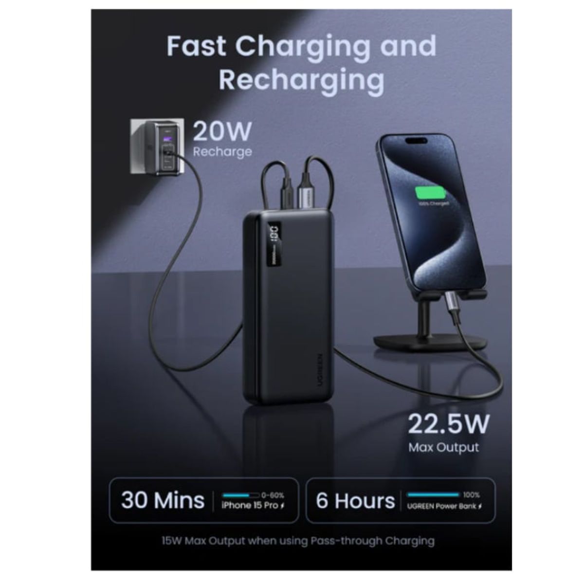 UGREEN - Power Bank  20000 mah UGREEN Carga Rápida 22W Tipo C 2 USB