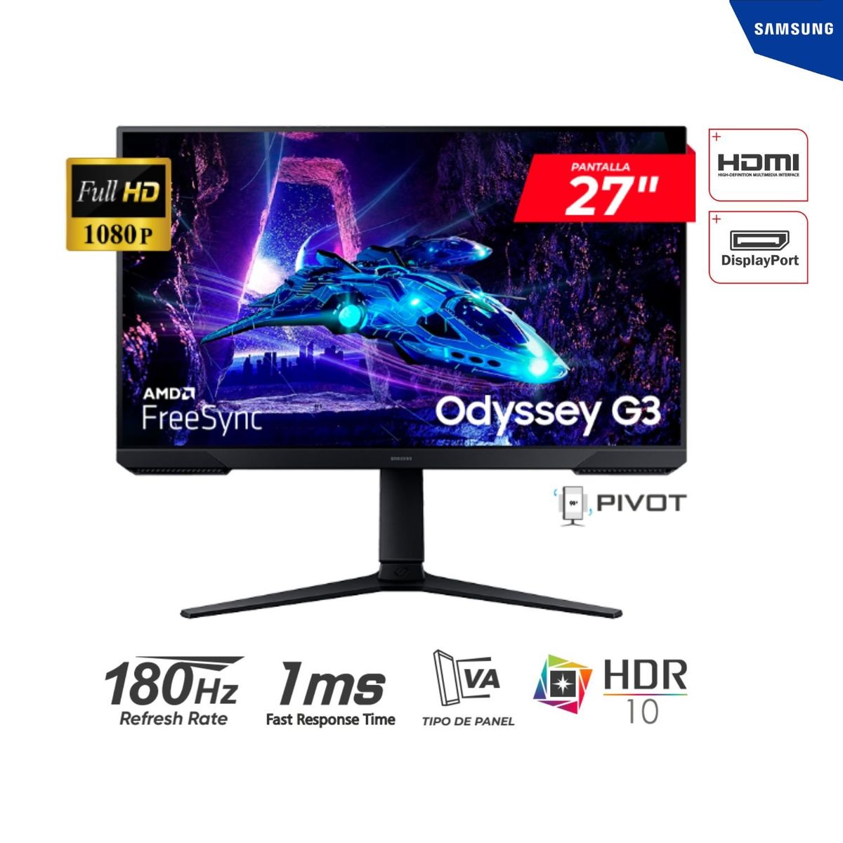 SAMSUNG - MONITOR SAMSUNG 27 Odyssey G3 180HZ 1MS VA FHD 1Hdmi 1DP PIVOTE