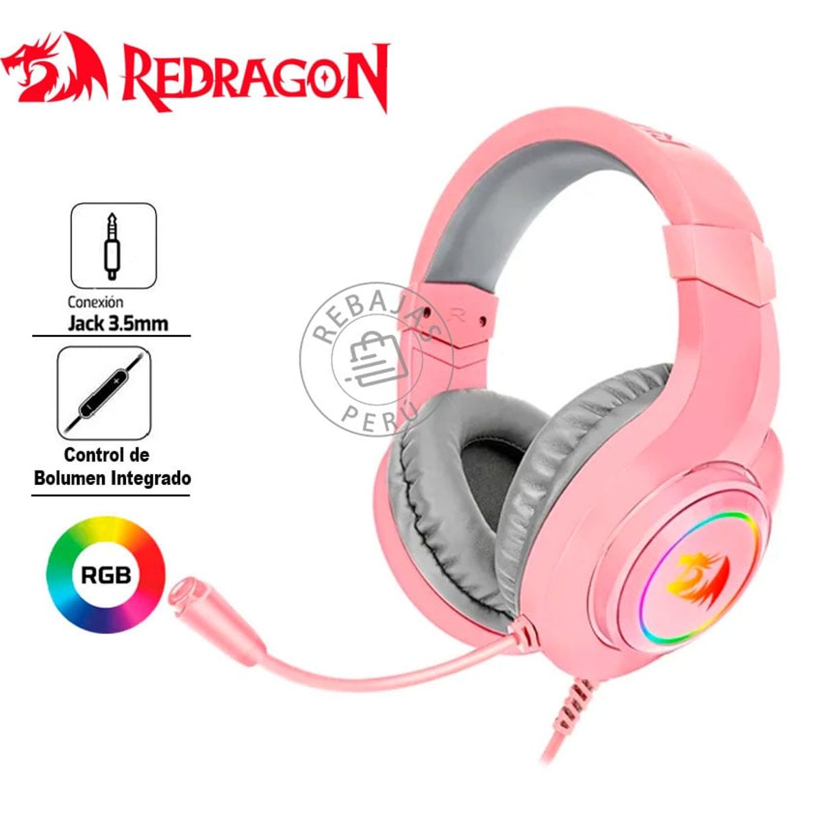REDRAGON - Auriculares Redragon Hylas H260P RGB Pink Sonido Envolvente