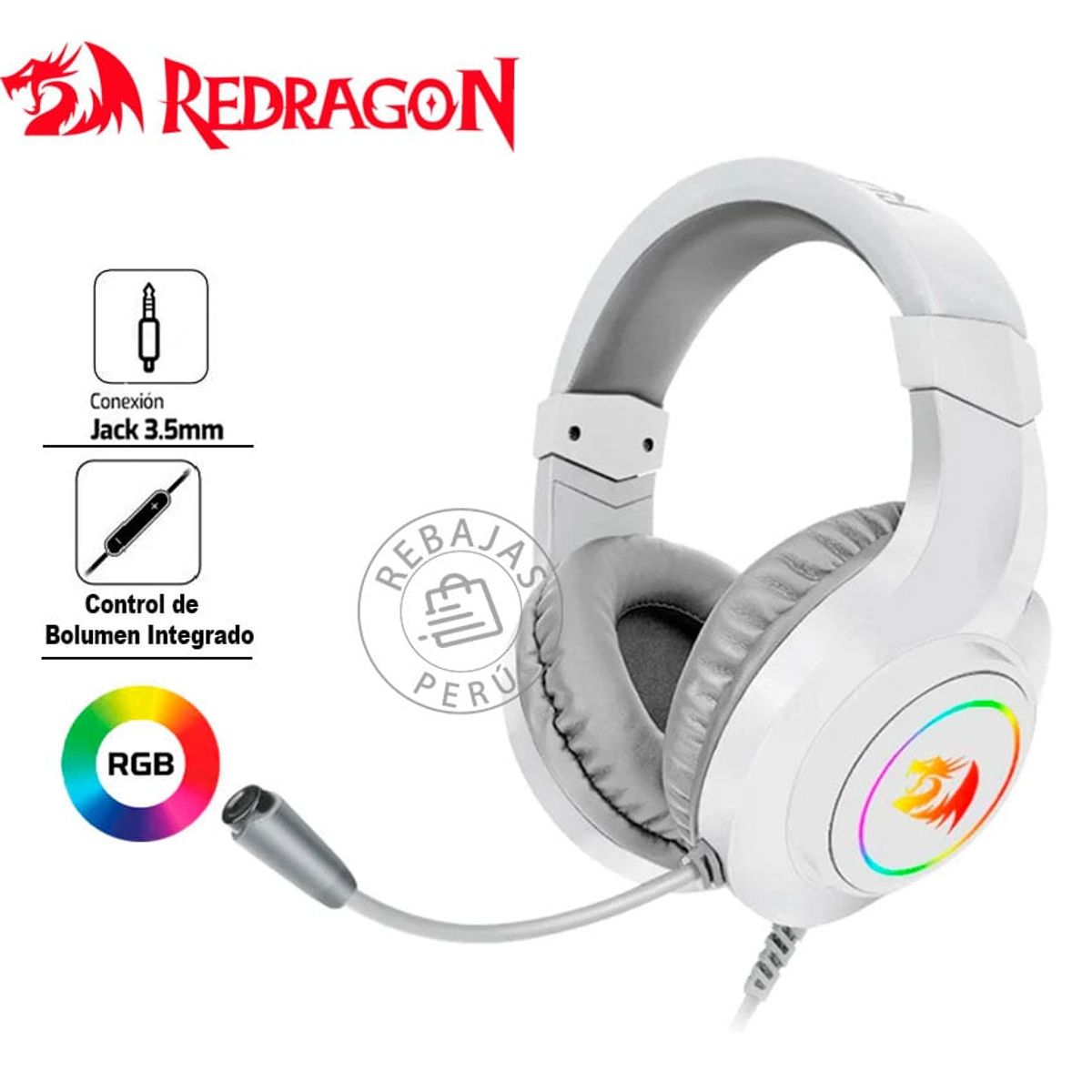 REDRAGON - Redragon HYLAS H260W-RGB White Sonido 50mm Mic Jack 35mm
