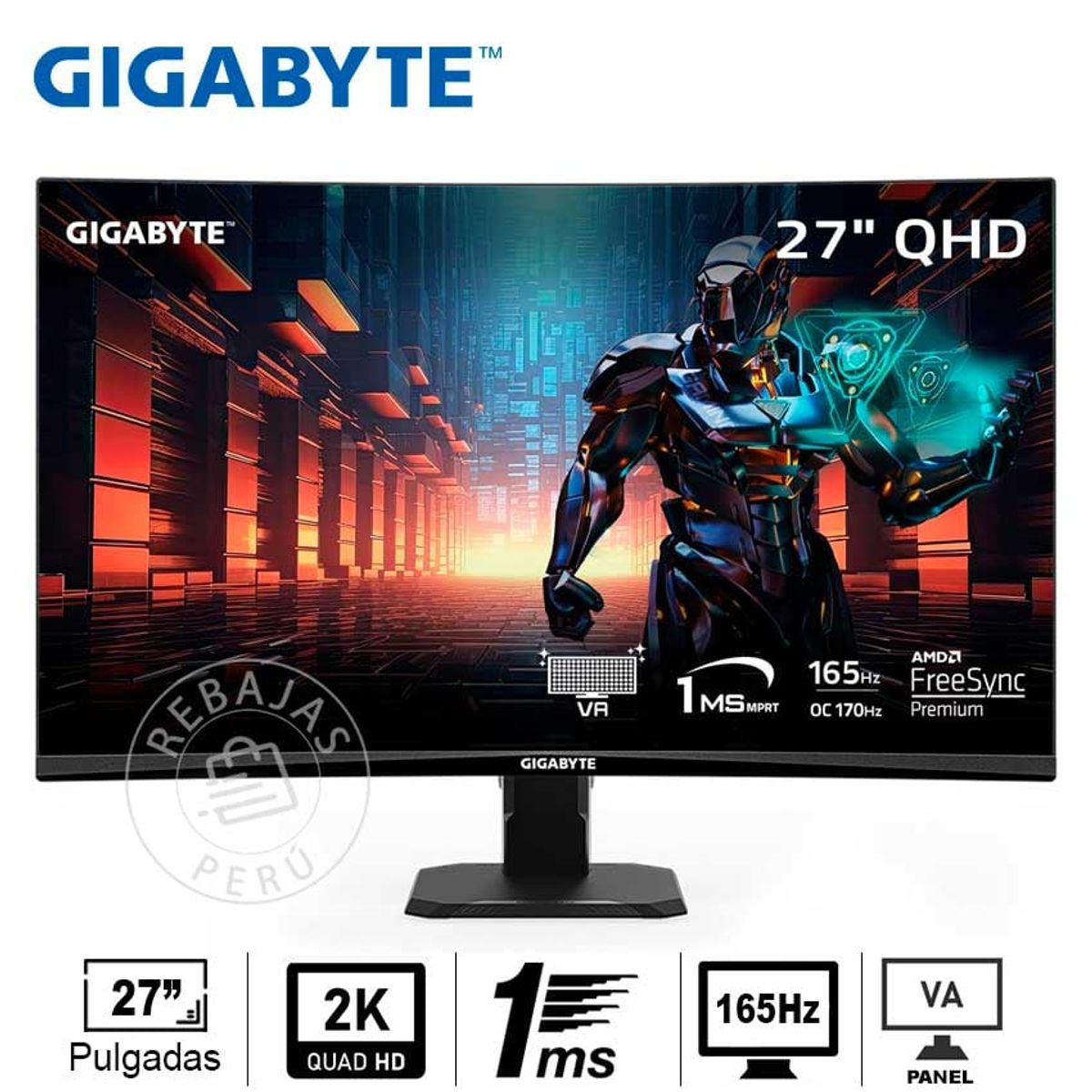 GIGABYTE - Monitor Curvo Gigabyte GS27QC 27 QHD 165Hz FreeSync y HDR