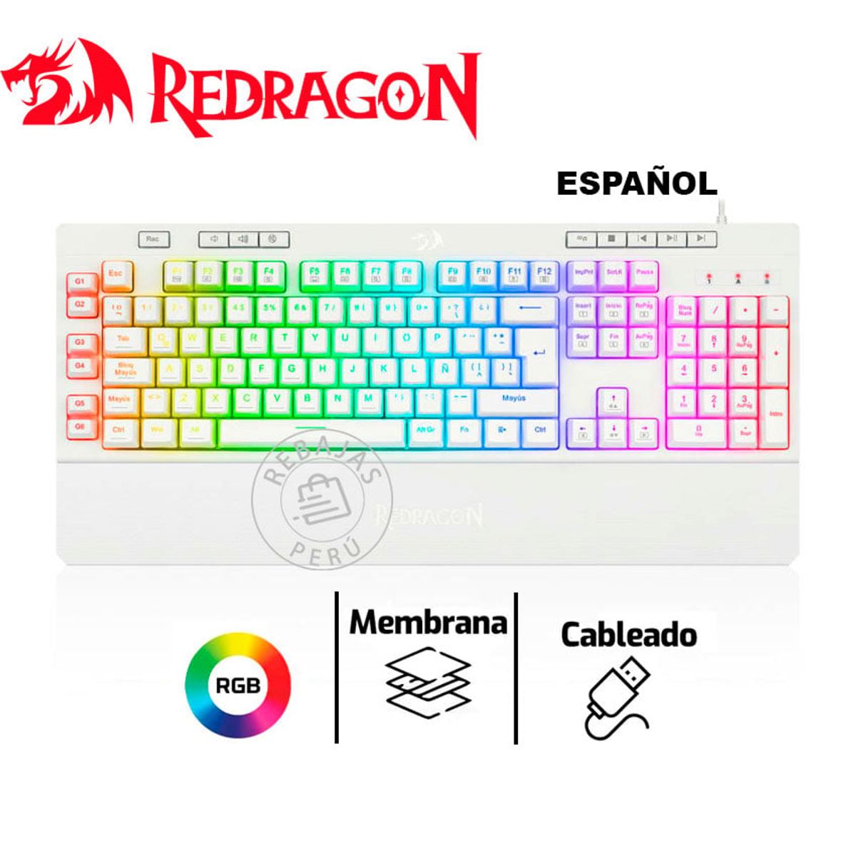 REDRAGON - Teclado Gamer Redragon SHIVA RGB Blanco  Español, Membrana