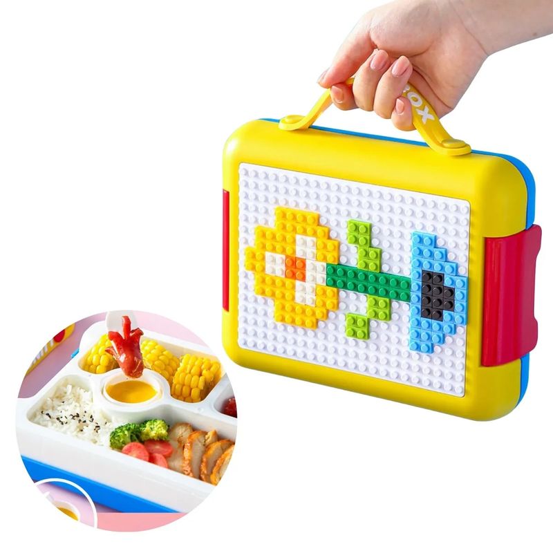 GENERICO - Táper lonchera hermética de 4 div - 500 pcs de lego -Azul con amarillo
