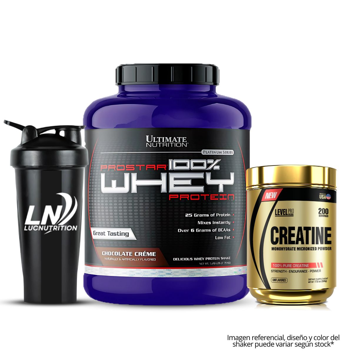 ULTIMATE NUTRITION - Prostar 100 % Whey 5LB Chocolate Crema + Creatina Level Pro 500 g Micronizada + shaker