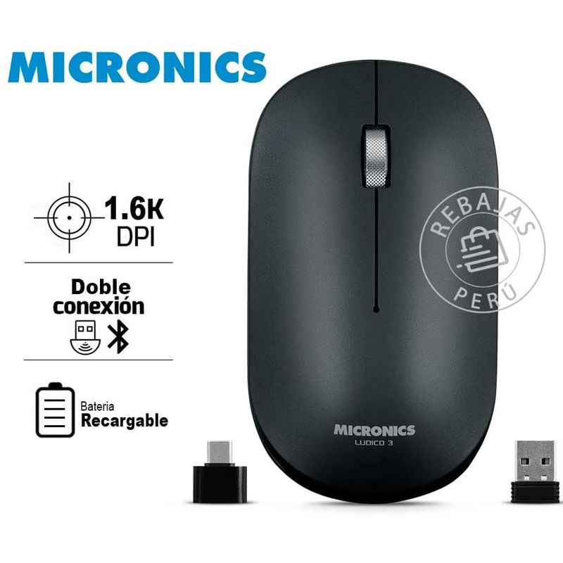 MICRONICS - Micronics Ludico 3 MIC M722-3m Mouse Bluetooth Inalámbrico Recargable
