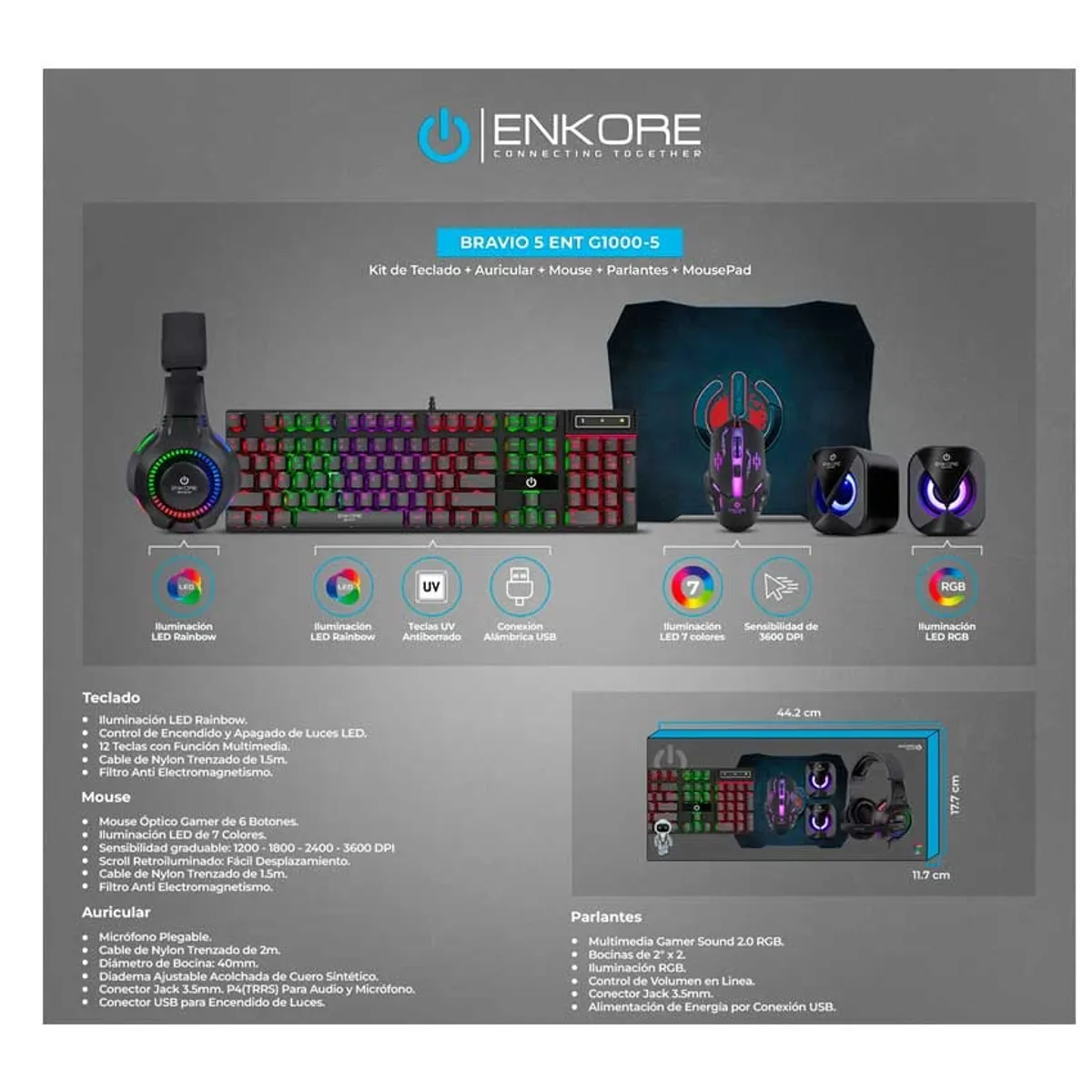 ENKORE - Enkore Bravio 5 - ENT G1000-5 Kit Gamer 5 en 1 con RGB Teclado y Mouse