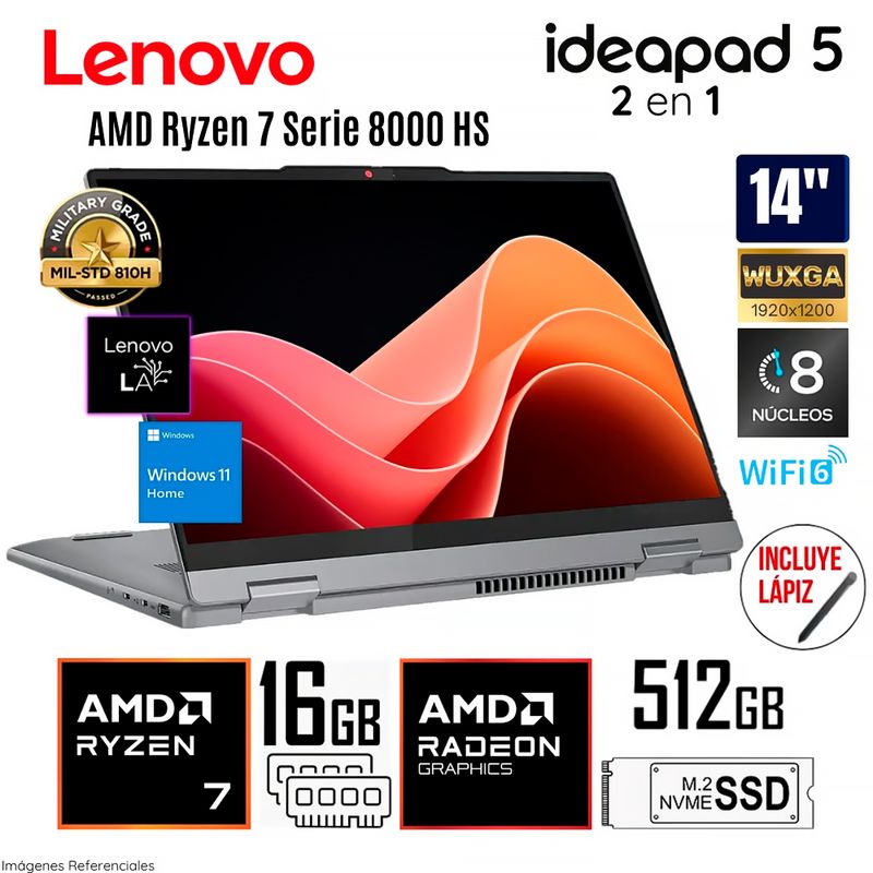 LENOVO - Laptop Lenovo Ideapad 5 2 en 1 14AHP9 AMD Ryzen 7 8845HS 16GB RAM 512GB SSD 14" WUXGA - 83DR005ULM