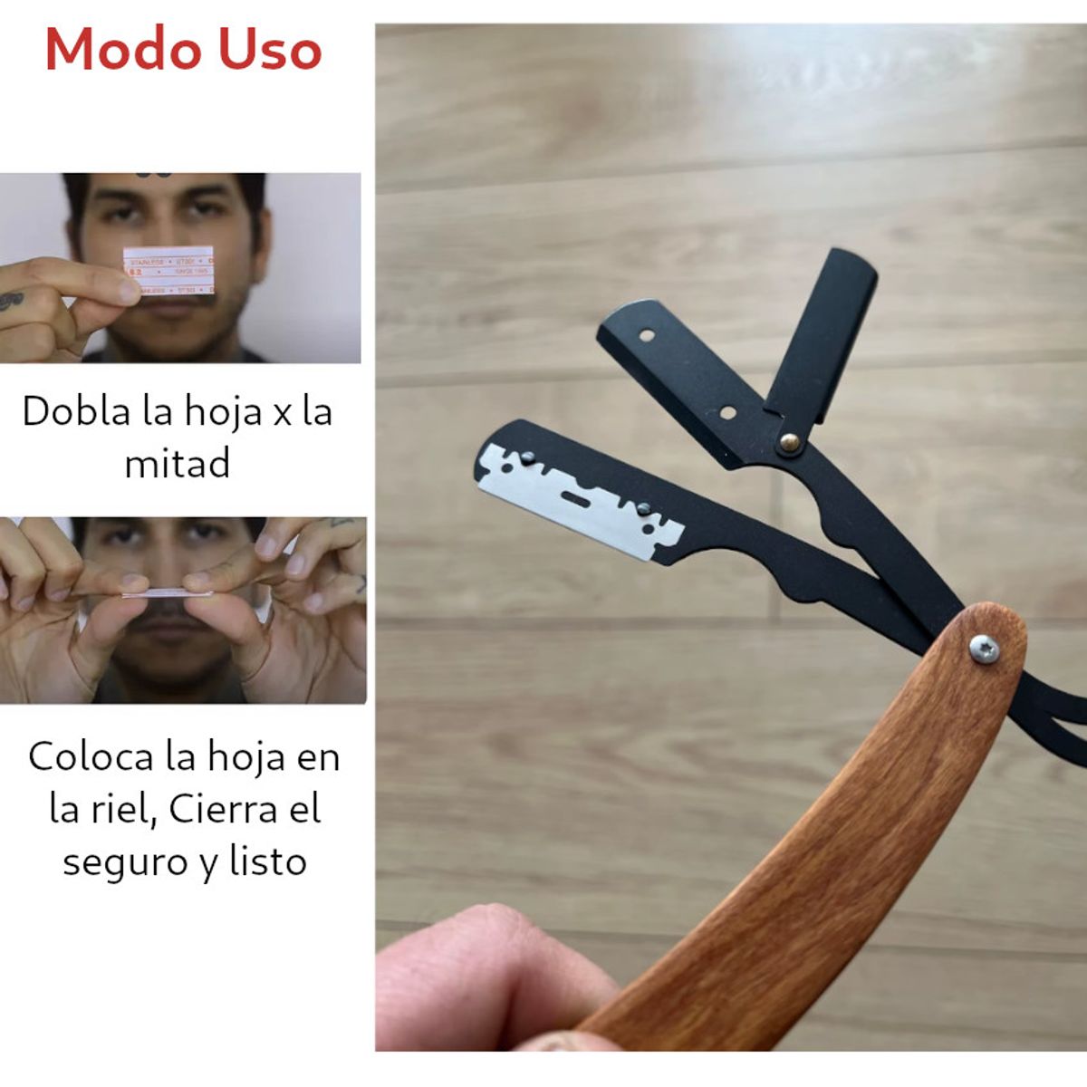 GENERICO - Navaja Afeitar Plegable 3 Cuerpos Acero Inox. Mango Madera