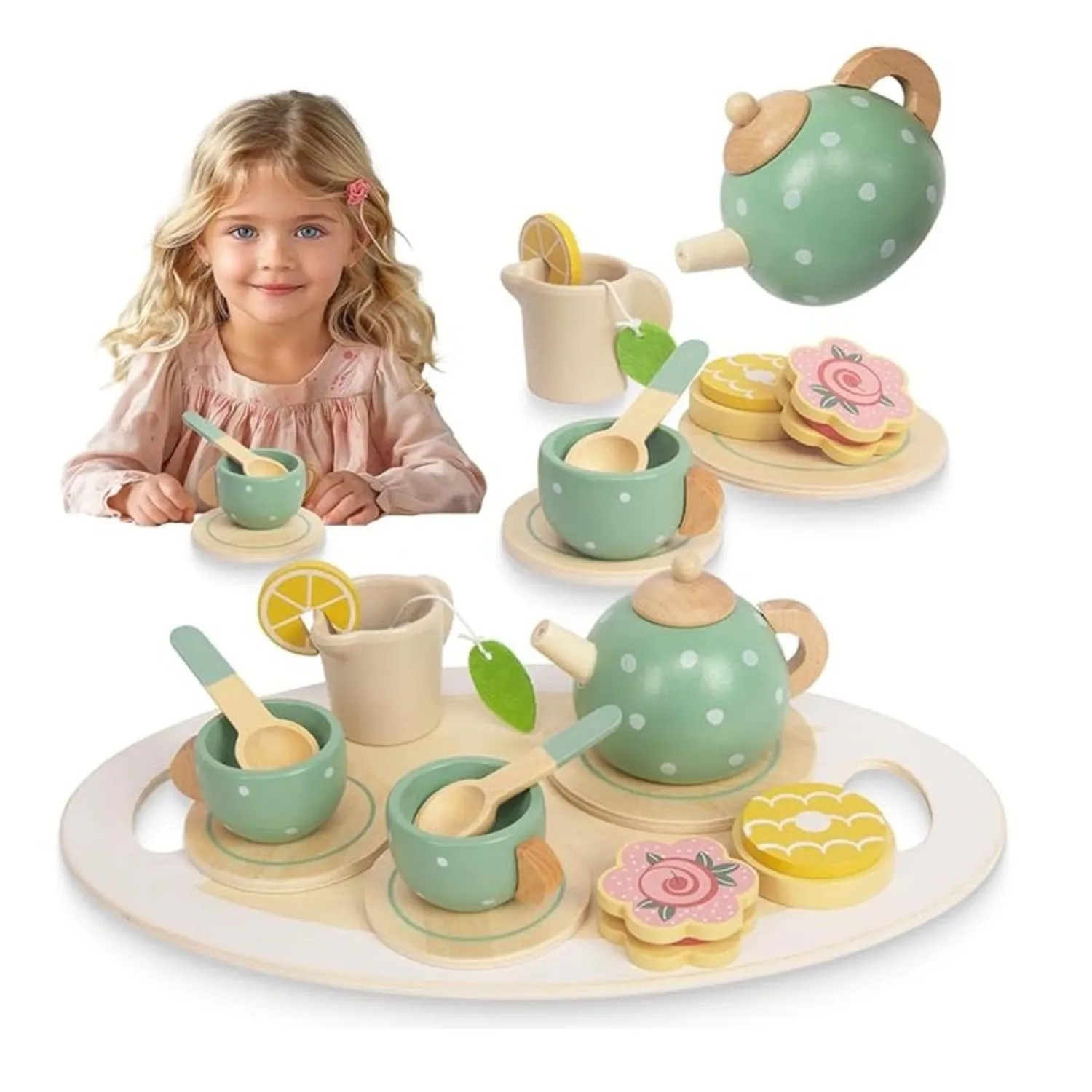 Juego De Té Infantil De Madera De 17 Piezas – Set Montessori Con Tetera, Tazas, Postres Y Bandeja, Regalo Ideal Para Niños Y Niñas Mayores De 3 Años