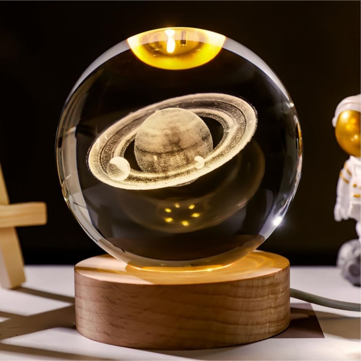 GENERICO - ESFERA DE CRISTAL LÁMPARA ADORNO SATURNO LUZ LED 3D