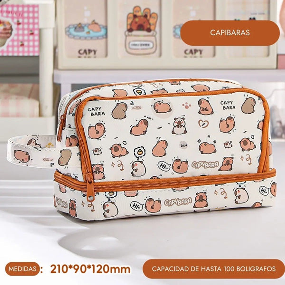 GENERICO - Cartuchera 2 niveles con diseño Capibara Marrón