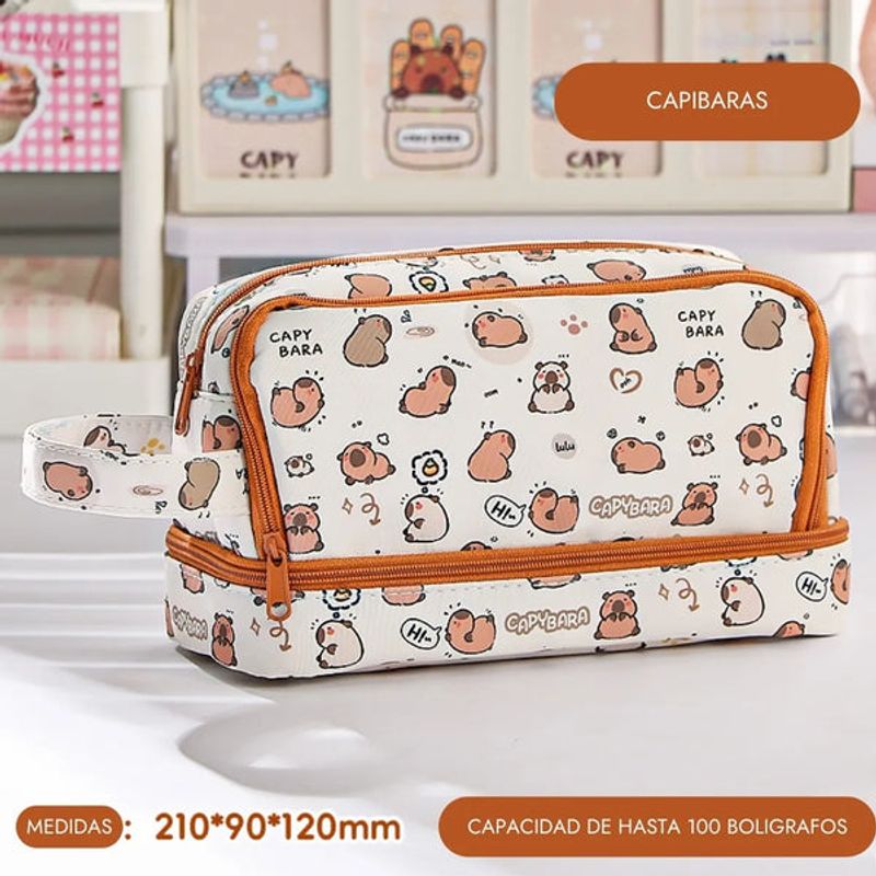 GENERICO - Cartuchera 2 niveles con diseño Capibara Marrón