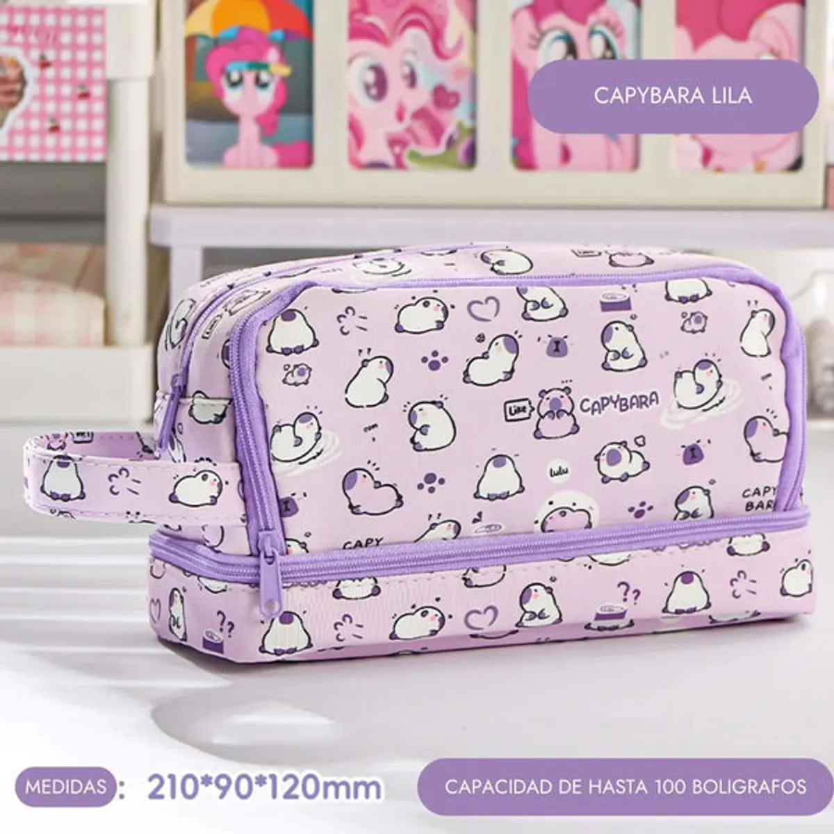 GENERICO - Cartuchera 2 niveles con diseño Capibara Lila