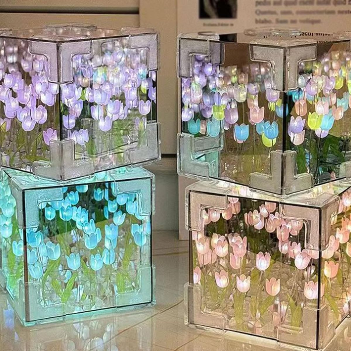 GENERICO - LÁMPARA FORMA DE CUBO DE TULIPANES EFECTO INFINITO PARA ARMAR