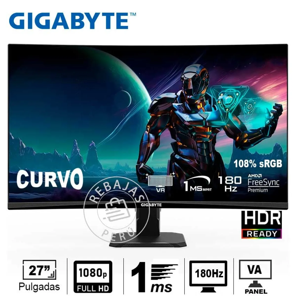 GIGABYTE - Monitor Gamer Gigabyte GS27FC 27” Curvado 180Hz FreeSync FHD