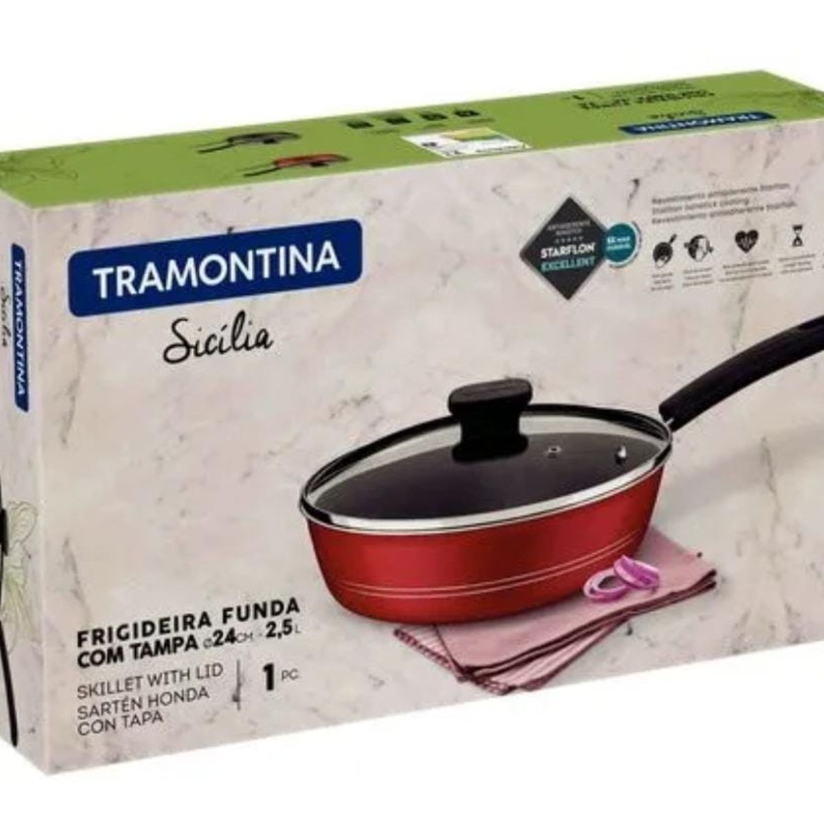 TRAMONTINA - Sarten Honda Con Tapa 24Cm Sicilia Rojo 20406724 Tramontina